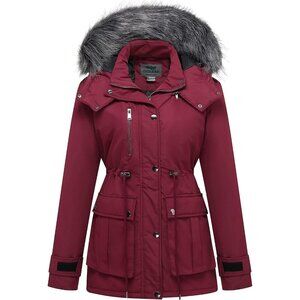 👉 Women's Wine Red Winter Coat Puffer Jacket Thicken Parka with Removable Hood